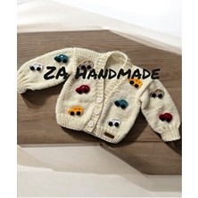 El Örgüsü ZA HANDMADE Arabalı Hırka Düz Örme Akrilik Bej Renkli Hayvan Desenli Uzun Kol