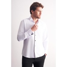 İmza Beyaz Uzun Kol Ata Yaka Düz Pamuklu Slim Fit Gömlek 1004255215