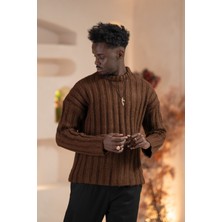 Akçaylar Oversize Kendinden Çizgili Pamuklu Kalın Triko Spor Kazak