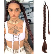 Marsilyan Üçlü Örgülü Tokalı Bağlamalı At Kuyruğu - Çikolata Kahve