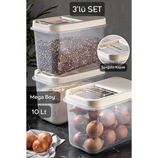 Meleni Home 3'lü 10 Lt Mega Boy Mutfak Düzenleyici Erzak Un Saklama Kabı - Kayar Kapaklı Saklama Kutusu Krem