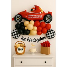 Yarış Arabası Temalı Parti Hediye Sepeti Doğum Günü Balon Seti Kırmızı Siyah Beyaz Renkli