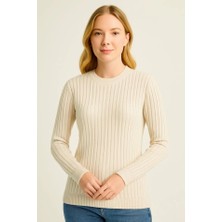 Tua Moda Bisiklet Yuvarlak Yaka Triko Kazak Pamuklu Kalın Fitilli Dokuma, Regular Fit Uzun Kollu Kışlık Model - Bej