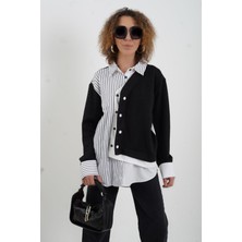 Zelish My Sister Siyah Triko Detaylı Çizgili Gömlek