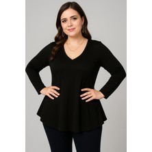Curvy Trend Büyük Beden V Yaka Uzun Kol Geniş Etekli Bluz