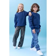 Perendi Unisex Indigo Renkli Basic Bisiklet Yaka Uzun Kollu Kışlık Sweatshirt Cepsiz