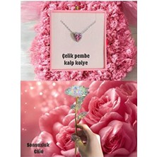Le Manolia Accessories Pembe Kalp Kolye ve Sonsuzluk Gülü Kararmaz Çelik Hediye Seti