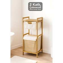 Meleni Home Çekmeceli Bambu Çamaşır Sepeti - Banyo Düzenleyici Organizer Raflı Natural Kirli Çamaşır Sepeti