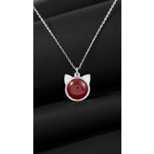 Mercan Taşlı Kedi Gümüş Kolye