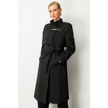 Ekol Dik Yaka Beli Kuşaklı Kadın Siyah Trençkot 07003