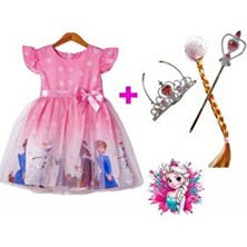 Aden Kids Pembe Elsa Prenses Kostümü Artı Asa Seti - Frozen Temalı Doğum Günü ve Parti Elbisesi Çocuklar Için