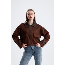 Isawella Deri Detaylı Fermuarlı Kısa Süet Ceket - Kahverengi