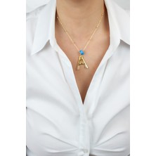 Liveyn Design Ince Zincir Harf Kolye A Harfi Mavi Murano Detaylı
