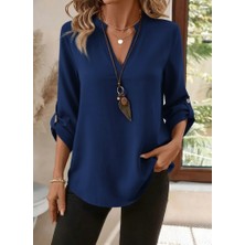 Gökyüzü Moda Kadın Uzun Kollu V Yakalı Ithal Krep Lacivert Bluz