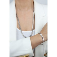 Liveyn Design Ezme Zincir Gümüş Renk Uzun Kolye Bileklik Set