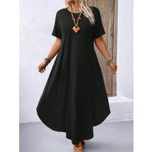 Etiler Collection Kadın Kısa Kollu Bisiklet Yaka Cepli Salaş Viskon Elbise