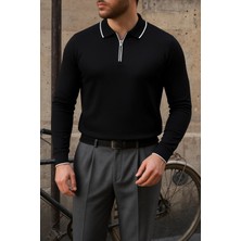 Comstar Erkek Günlük Çizgili Trend Siyah Polo Yaka Kazak