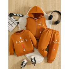 Kids Face Özel Tasarım Paris Dikey Şerit Baskılı %100 Pamuk Kışlık Erkek Çocuk 3 Lü Eşofman Takımı