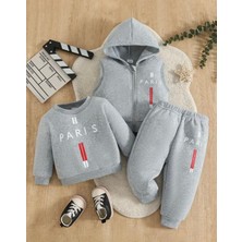 Kids Face Özel Tasarım Paris Dikey Şerit Baskılı %100 Pamuk Kışlık Erkek Çocuk 3 Lü Eşofman Takımı