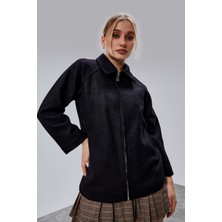 Bolivente Siyah Oversize Fermuarlı Kaşe Ceket