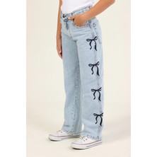 Magu Kız Çocuk Pamuklu Açık Mavi Fiyonklu Denim Pantolon – Günlük Rahat Kesim