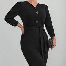 Arben Boutique Kadın Uzun Kollu Düğme Detaylı Kendinden Kemerli Ithal Krep Elbise