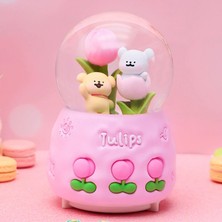 Keyfim Shop Tulips Ayıcık ve Lale Temalı Işıklı Müzikli Püskürtmeli Büyük Boy Kar Küresi