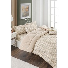 ChicMaison Bej Zincir Desenli Çift Kişilik Pofuduk Uyku Seti Ranforce 195 x 215 cm Lastikli Çarşaflı