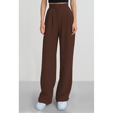 Alinda Kadın Cırtlı Yüksek Bel Bol Paça Kahverengi Palazzo Pantolon Orta Kalınlıkta Kumaş