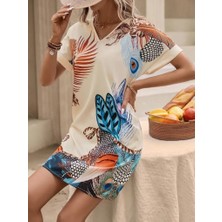 Etiler Collection Kadın Kısa Kollu V Yakalı Desenli Mini Atlas Elbise