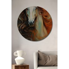 Teona Ahşap Alev Saçlı Beyaz At Yağlı Boya Görünümlü Modern Sanat Ahşap Dekoratif Tablo Yuvarlak Tablo