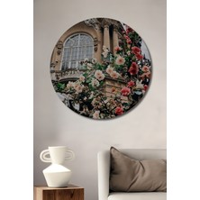 Teona Ahşap Bina ve Çiçek Cümbüşü Yağlı Boya Görünümlü Ahşap Tablo Yuvarlak Tablo