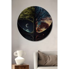 Teona Ahşap Yıldızlı Gökyüzü ve Hayat Ağacı Yağlı Boya Görünümlü Ahşap Dekoratif Tablo Yuvarlak Tablo