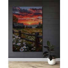 Teona Ahşap Gün Batımı Kır Evi Çiçek Tarlası Yağlı Boya Görünümlü Ahşap Dekoratif Tablo Dikdörtgen Tablo