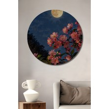 Teona Ahşap Ay Işığı Altında Pembe Kiraz Çiçekleri Yağlı Boya Görünümlü Ahşap Dekoratif Tablo Yuvarlak Tablo