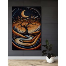 Teona Ahşap Modern Sanat Ağaç ve Ay Yağlı Boya Görünümlü Ahşap Dekoratif Tablo Dikdörtgen Tablo