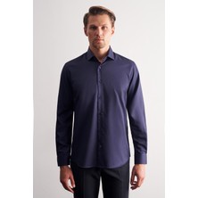 İmza Lacivert Yarım Italyan Yaka Saten Uzun Kol Slim Fit %100 Pamuk Gömlek 1004255188
