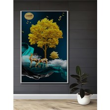 Teona Ahşap Altın Ağaçlı Yağlı Boya Görünümlü Ahşap Dekoratif Tablo Dikdörtgen Tablo