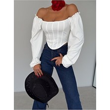 Qutta Kadın Beyaz Kare Yaka Dalgıç Kumaş Crop Bluz Uzun Balon Kol ve Şeritli Kalıp