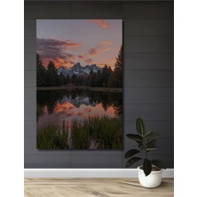 Teona Ahşap Günbatımında Dağ Manzarası Yağlı Boya Görünümlü Ahşap Dekoratif Tablo Dikdörtgen Tablo