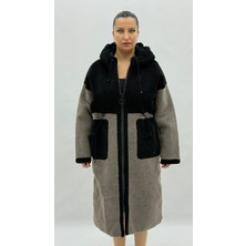 AlanyaXXL Büyük Beden Kapüşonlu Yün Kadın Uzun Kaban