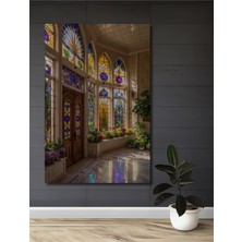 Teona Ahşap Görkemli Vitray Sanatlı Pencere ve Ahşap Kapı Yağlı Boya Görünümlü Ahşap Tablo Dikdörtgen Tablo