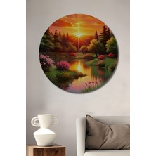 Teona Ahşap Gün Batımı Manzaralı Sulu Boya Görünümlü Yağlı Boya Sanat Dekoratif Ahşap Tablo Yuvarlak Tablo