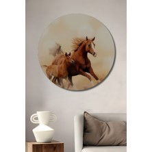 Teona Ahşap Kahverengi Atlar Koşturuyor Yağlı Boya Görünümlü Ahşap Dekoratif Tablo Yuvarlak Tablo