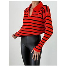 En Moda Kadın Polo Yaka Turuncu Çizgili Triko Kazak Uzun Kol Klasik Stil