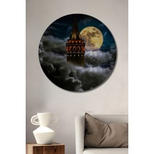 Teona Ahşap Galata Kulesi Dolunay Manzarası Yağlı Boya Görünümlü Dekoratif Ahşap Tablo Yuvarlak Tablo