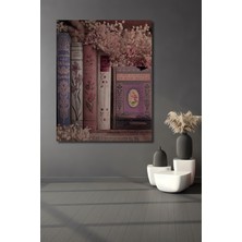 Teona Ahşap Eski Kitaplar Arasında Açan Pembe Güller Yağlı Boya Görünümlü Ahşap Dekoratif Tablo Dikdörtgen Tablo