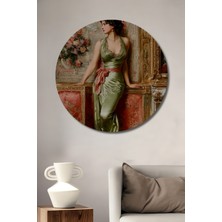 Teona Ahşap Zarif Yeşil Elbiseli Kadın Yağlı Boya Görünümlü Klasik Sanat Ahşap Dekoratif Tablo Yuvarlak Tablo