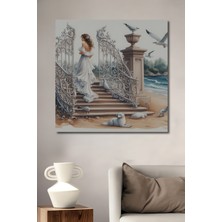 Teona Ahşap Zarif Kadın ve Sahil Manzaralı Sulu Boya Görünümlü Modern Sanat Ahşap Tablo Dikdörtgen Tablo