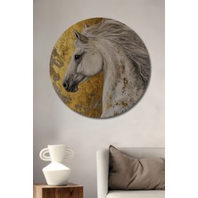 Teona Ahşap Altın Yeleli Beyaz At Yağlı Boya Görünümlü Dekoratif Ahşap Tablo Yuvarlak Tablo